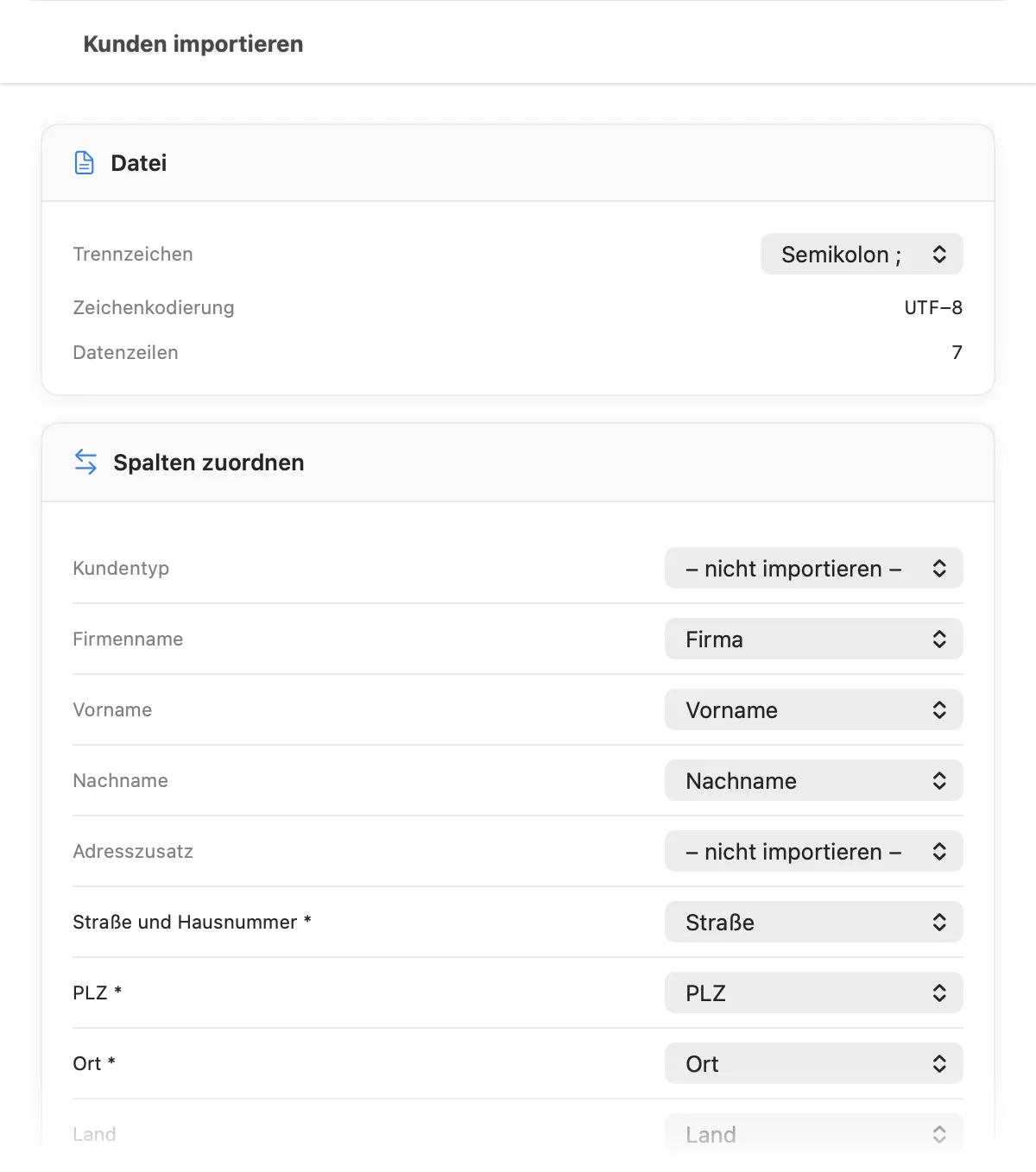 CSV-Import in Rechnung Direkt: Die Spalten einer Kundenliste werden den Feldern zugeordnet