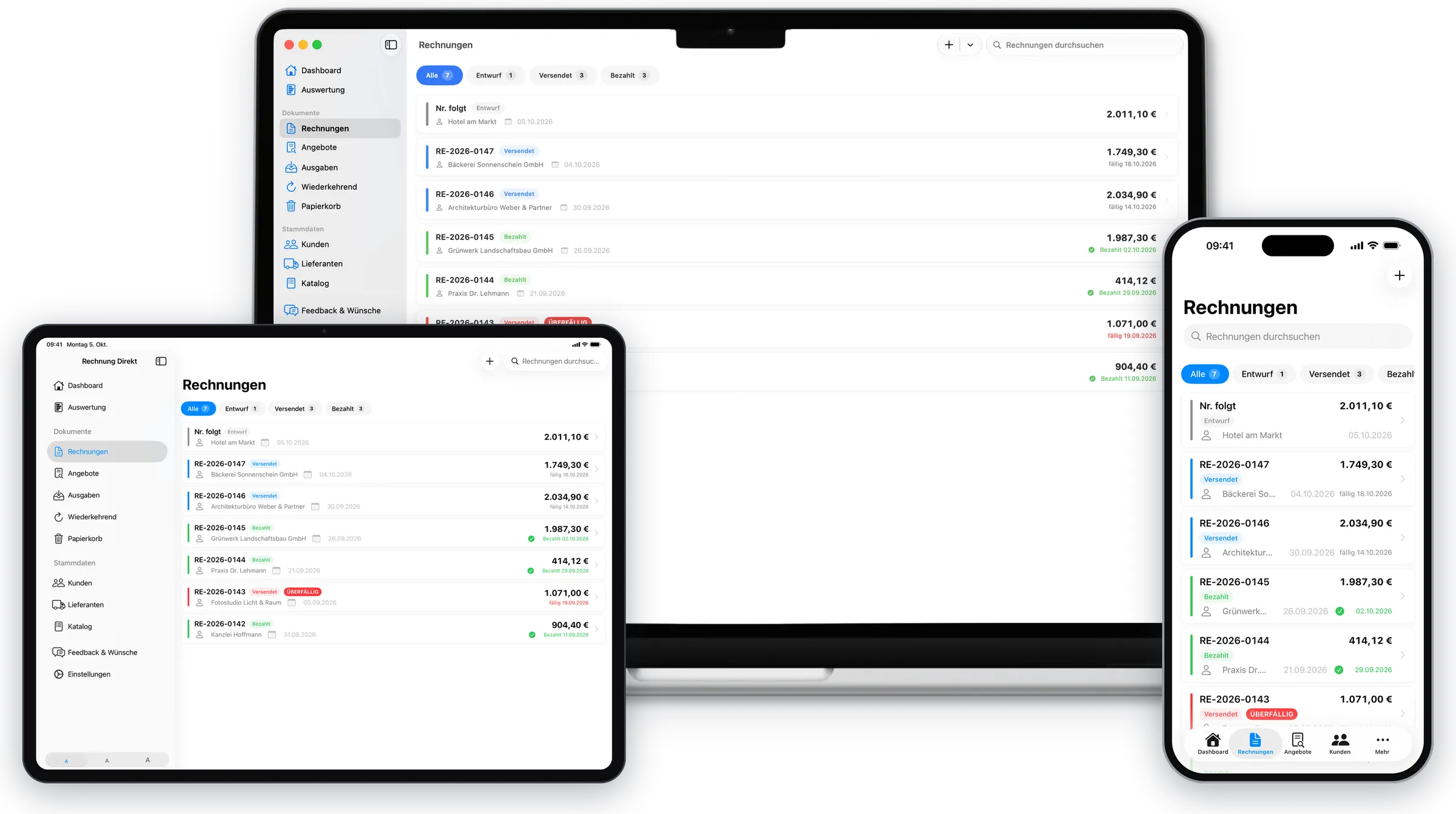 Rechnung Direkt mit derselben Rechnungsliste auf MacBook, iPad und iPhone